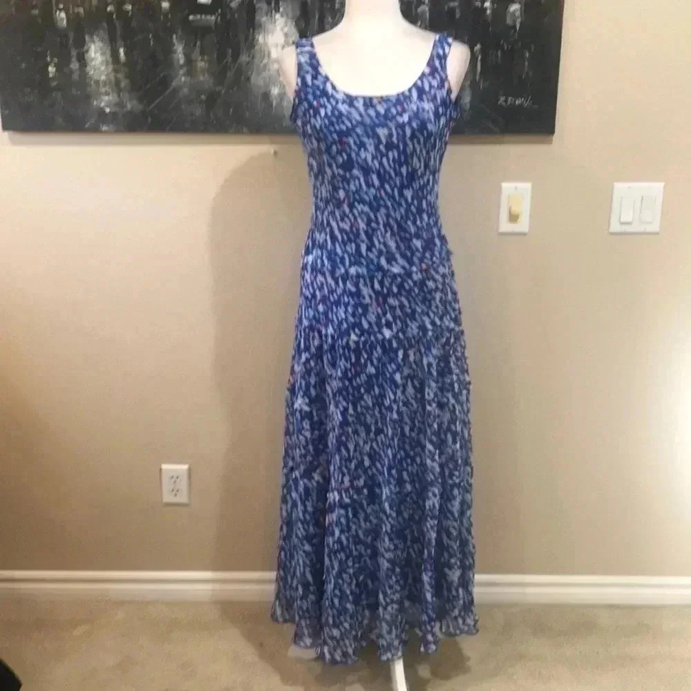 Nine West Floral Blue Red White Maxi Dress w/Distressed Ruffles Sheer Lined-8